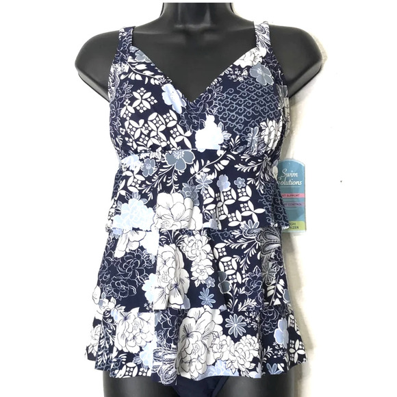 Swim Solutions Womens Blue Printed Tiered Fauxkini One Piece Swimsuit sz 10 NWT - Picture 2 of 5